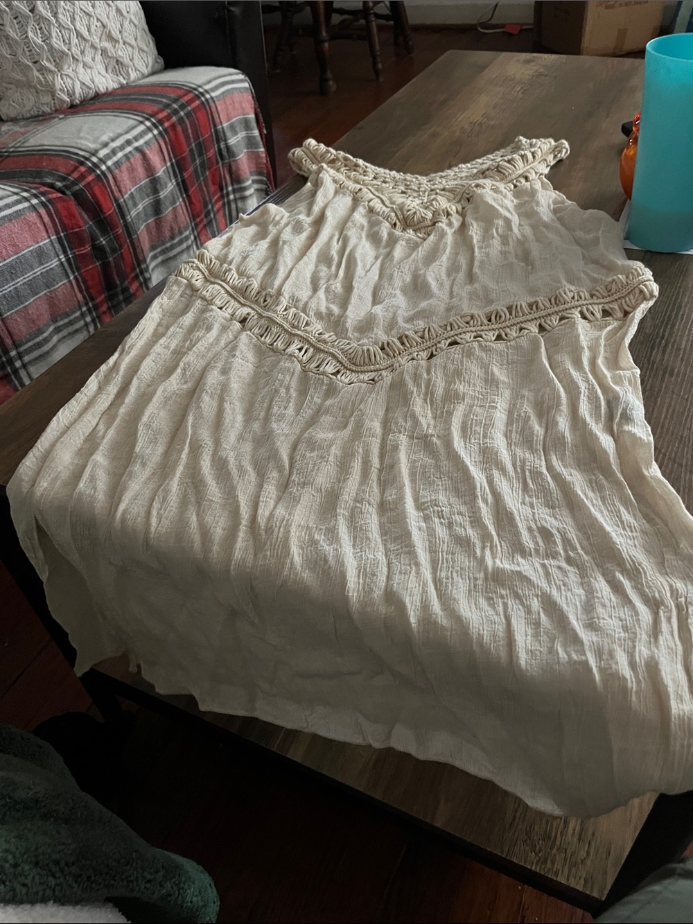 Cream Boho Crochet-Trim Sleeveless Tunic Dress